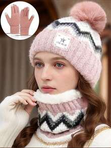 Set de 3 piezas de estilo coreano casual para mujer: gorro, bufanda, guantes, gorro de punto, adecuado para uso diario en otoño/invierno