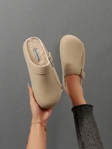 2025秋冬新款杏色蓬松一脚蹬休闲平底圆头鞋，纯色设计，轻便舒适，适合居家穿着 - 杏色 - 查看 3