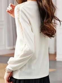 Crew Neck Hollow Out Delicate Lady-Like Elegant Versatile Blouse - White - View 4