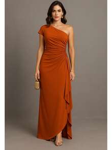 Long Dress For Bridesmaid, Elegant Straight Cut With Sequined Side For Women, Graduation Event Guests - Terracotta - View 1