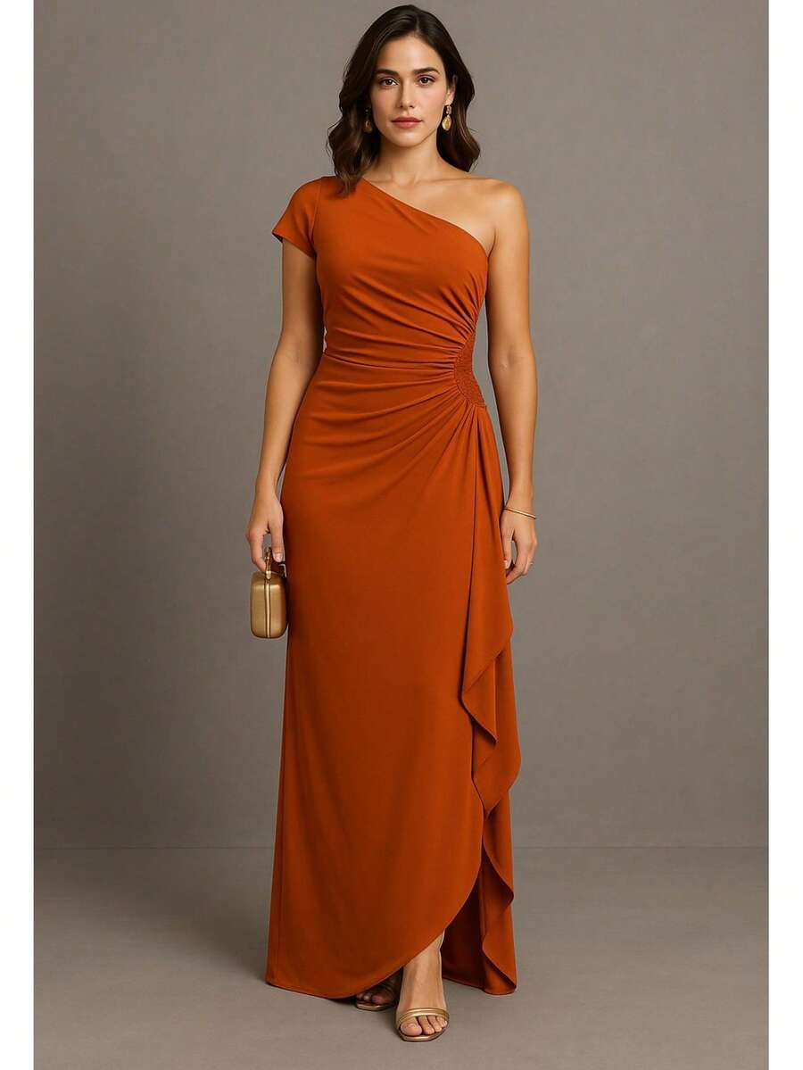 Long Dress For Bridesmaid, Elegant Straight Cut With Sequined Side For Women, Graduation Event Guests - Terracotta - View 1