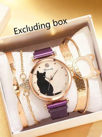 5pcs/Set Women's Quartz Watch, Cat Design Fashion Watch & Bracelet Set, Magnetic Strap