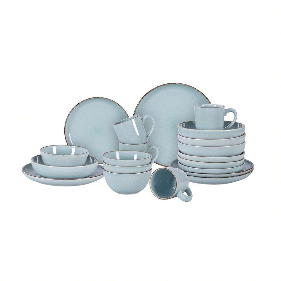 HomeVss Stoneware Euro-Nordic 20pc Dinnerware Set, Shiny Light Blue With Speckle Effect - 淺藍色 - 查看 1