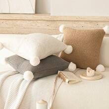 1pc Camel Teddy Faux Fur Ball Pillow Cover (Pillow Insert Not Included), Boho Solid Color Sofa Bed Cushion Cover, Home Decor Soft Plush Pillow Case, Warm Fuzzy Winter Style, Modern Minimalist Warm Tone For Sofa, Bedroom, Living Room, Balcony - Camel - View 5