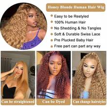 34 Inch Highlight Ombre Deep Wave Lace Front Wigs Human Hair Wig 13x6 250% Density Honey Blonde Wig Human Hair HD Glueless Deep Wave Wig 4/27 Colored Wet And Wavy Curly Wig Pre Plucked For Women - S4/27 - 查看 6