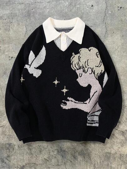 ANDREILEE Men's Casual Loose Solid Color Angel White Dove Starry Pattern Romantic Retro Healing Anti-Aging Versatile Polo Collar Long Sleeve Knitted Sweater, Autumn/Winter