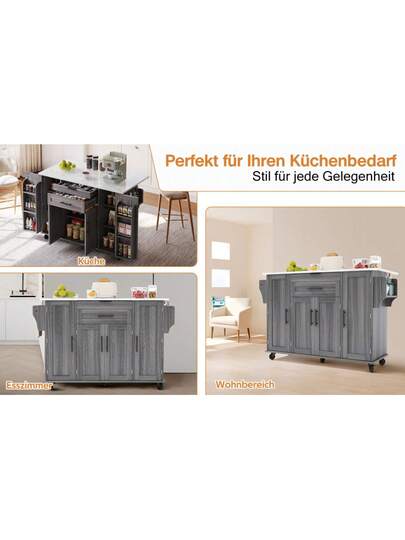 120*45cm, Mobile Kitchen Isl Trolley, Worktop Extends Up To 70cm, Hidden Cutlery Drawer, Adjustable Shelves, Spice Rack Towel Holder, Kitchen, Dining Room Or Living view 10