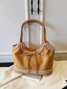 Bolso de mano de ante y piel sintética vintage para mujer, nueva bolsa de hombro con lazo de gran capacidad 2025, bolso de transporte debajo del brazo