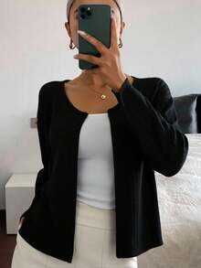 Livesso 纯色落肩前开短款夹克，秋装 - 黑色 - 查看 4