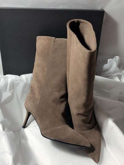 Fall/Winter Slimming New Retro Suede Leather Pointed Toe High Heel Slip-On Mid-Calf Boots,Kitten Heels,Stiletto Heels