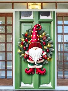 1 Stück roter Gnom & LED beleuchteter Tannenkranz, festlicher Weihnachtsstil künstlicher Grünkranz mit Stern- & Ornamentkugel-Detail, Türkranz Dekoration für Weihnachten Zuhause, Feiertags-Party Ornament, Winterliche Saison Dekoration