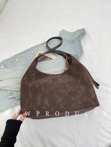 Bolsa de ombro em tecido de veludo de cor sólida Low Tea, 1 peça, bolsa de ombro feminina retrô, design de alça única com fecho de zíper, alça de ombro ajustável para uso no ombro ou transversal, adequada para viagens, compras, encontros, presente feminino, ótima para deslocamento, atividades ao ar livre, viagens, caminhadas - Café - Ver 7