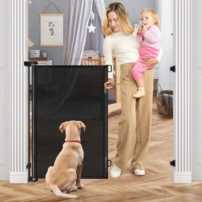 Retractable Baby Gate, 42" High HDJ Mesh Dog Gate, Extends To 71" Wide