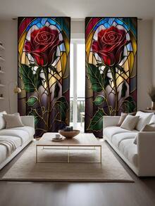2pcs Elegant Black Rose & Colorful Glass Pattern Printed Curtains, High Definition Digital Printing, Rod Pocket Installation, 100% Polyester, 90g/Sqm, Suitable For All Seasons, Light Filtering, Privacy Protection, UV Blocking Decorative Curtains