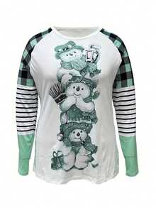 Tricou casual pentru femei, mărime plus, cu imprimeu de desene animate cu om de zăpadă și carouri, mânecă lungă, potrivit pentru primăvară și toamnă - Verde - Vizualizare 2