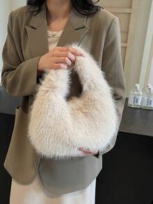 1个时尚毛绒单肩包，平沿手提包，可爱女士冬季手提包/钱包 - 卡其色 - 查看 3