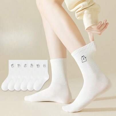 4 双女式白色中筒袜，简约纯色底，带有有趣的小恶魔图案，运动风格设计适合日常休闲穿着，中筒长度可在秋冬季保持脚踝温暖