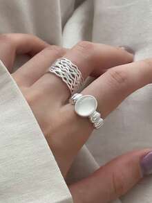 1 pieza Anillo abierto ajustable elegante y de lujo personalizado con diseño de malla hueca y luz de luna, para mujer