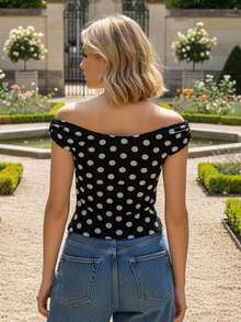 Womens Off The Shoulder Tops Stylish Dot Print Casual Slim Fit Sleeveless T-Shirt For Summer - màu đen - Xem 6