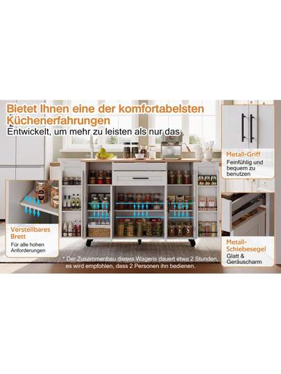 120*45cm, Mobile Kitchen Isl Trolley, Worktop Extends Up To 70cm, Hidden Cutlery Drawer, Adjustable Shelves, Spice Rack Towel Holder, Kitchen, Dining Room Or Living view 9