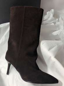 Fall/Winter Slimming New Retro Suede Leather Pointed Toe High Heel Slip-On Mid-Calf Boots,Kitten Heels