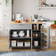 132.5*L44(70)*H90cm Mobile Kitchen Table, Folding Countertop, Oak Grain, Multifunctional Cabinet, Spice Rack, Towel Rack, 5 Rolls, Suitable For Kitchen/Dining Room/Home - Gray + MDF + European - View 5