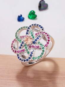 1pc Women's Fashion Minimalist Hollow Flower Design Zirconia Inlaid Round Ring, Suitable For Weddings, Parties, Birthdays, And Other Important Occasions, Perfect Gift Choice For Valentine's Day, Christmas, New Year - Green - View 5