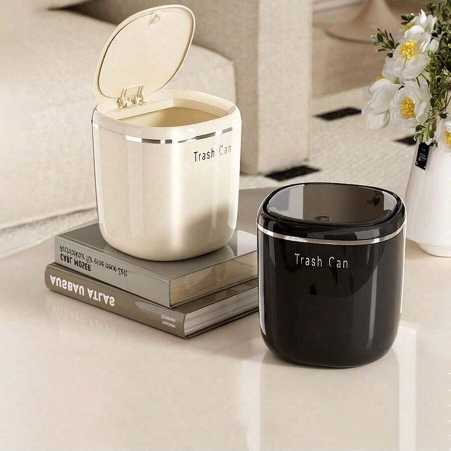 1 Stück Mini-Mülleimer mit Druckdeckel - Aus stabilem PP-Material, kompakter Schreibtisch-Papierkorb für Büro, Schlafzimmer, Wohnzimmer - Haushaltsmülleimer mit Deckel - Verschiedenfarbig - Übersicht 1