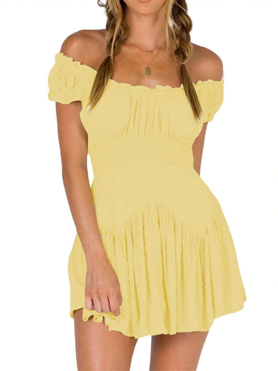 Women Flowy Pirate Dress Fairy Short Sleeve Y2k Off Shoulder Ruffle Corset Mini Dresses - 黃色 - 查看 1