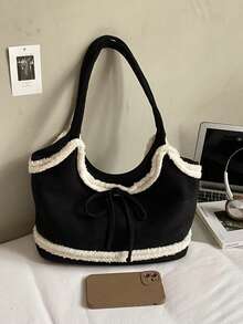 Bolso de mano de ante y piel sintética vintage para mujer, nueva bolsa de hombro con lazo de gran capacidad 2025, bolso de transporte debajo del brazo