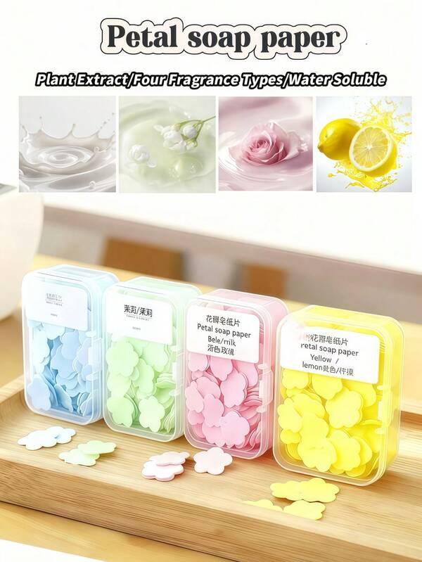 1 Pack Portable Disposable Petal Soap Papers, Mini Antibacterial Scented Soap Sheets, 4 Plant-Derived Fragrances, Rich Lather For Convenient Cleansing