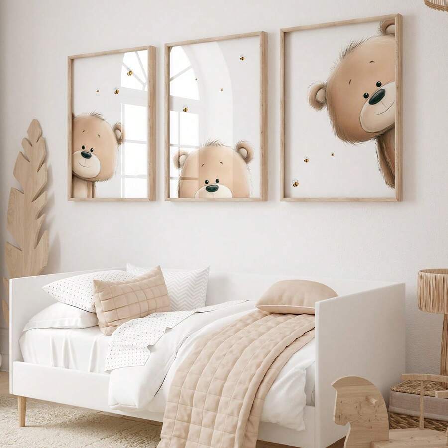1幅帆布墙画，泰迪熊主题儿童房装饰画，中性色调泰迪熊偷窥主题，适合儿童房、卧室、家居装饰、秋冬家居装饰，可用于儿童房、托儿所、男孩/女孩派对卧室墙面背景、幼儿园教室装饰，防水材质，派对装饰礼品 - 彩色 - 查看 1