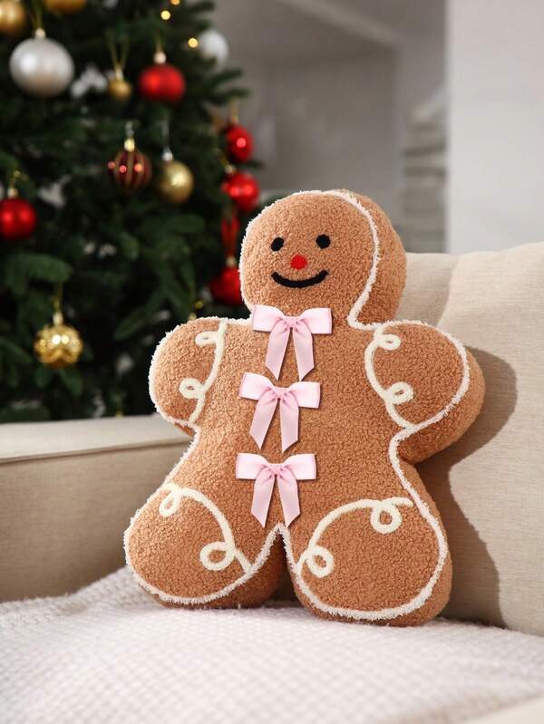 Christmas Pink Gingerbread House Pillow, Christmas Snowman Decorative Pillow, Christmas Gingerbread Man Pillow, Christmas-Themed Accent Pillows, Plush Faux Rabbit Fur Roof Embroidered Chenille Gingerbread House, Colorful Light-Up Christmas-Shaped Pillow. Perfect For Home Living Room Sofas