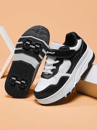 2025 New Teenagers Shoes, Unisex Colorblock Splicing Leather TPR Thick Sole Hook And Loop Letter Casual Shoes With Detachable Dual Wheels, Fashionable Roller Skate Sneakers For Teenagers