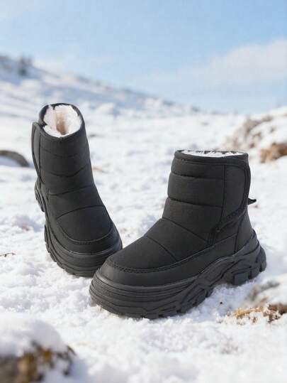 1 Pair Boys' Black Mid-Top Snow Boots With Soft Plush Lining, Hook And Loop, Round Toe, Thick Sole, Comfortable, Warm, Fashionable, Minimalist, Cool And Versatile Style, Casual Kids Shoes, Suitable For Winter Daily Outings & Indoor Warmth & School And Commuting Outfits & New Year Festivals