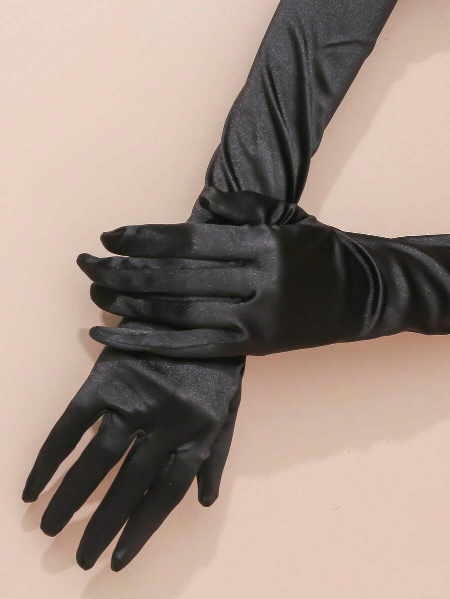 1 Pair Women's Satin Long Gloves – Luxe Satin Fabric, Ideal For Weddings, Parties, Formal Wear & Halloween, Stylish Accessory For Winter & Special Occasions - 黑色 - 查看 1