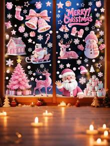 一套4张粉色圣诞静态窗贴，共53种图案，包含粉色圣诞老人、雪花、铃铛、房屋、糖果等图案，可自由搭配DIY。适用于圣诞主题的窗户和玻璃贴。 - 彩色 - 查看 9