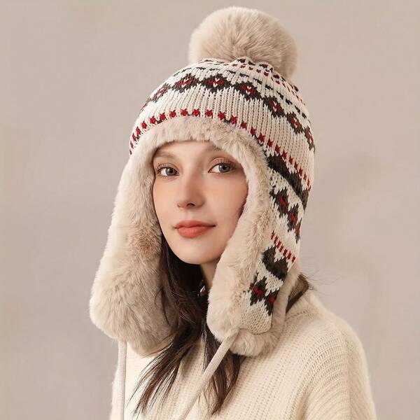 Bohemian Knitted Winter Hat With Pom Pom, Plush Lined Earflap Beanie, Warm Fleece Snow Cap With Boho Nordic Pattern, Cozy Christmas Hat For Women, Soft Thermal Beanie For Outdoor, Travel, Ski & Holiday Gift