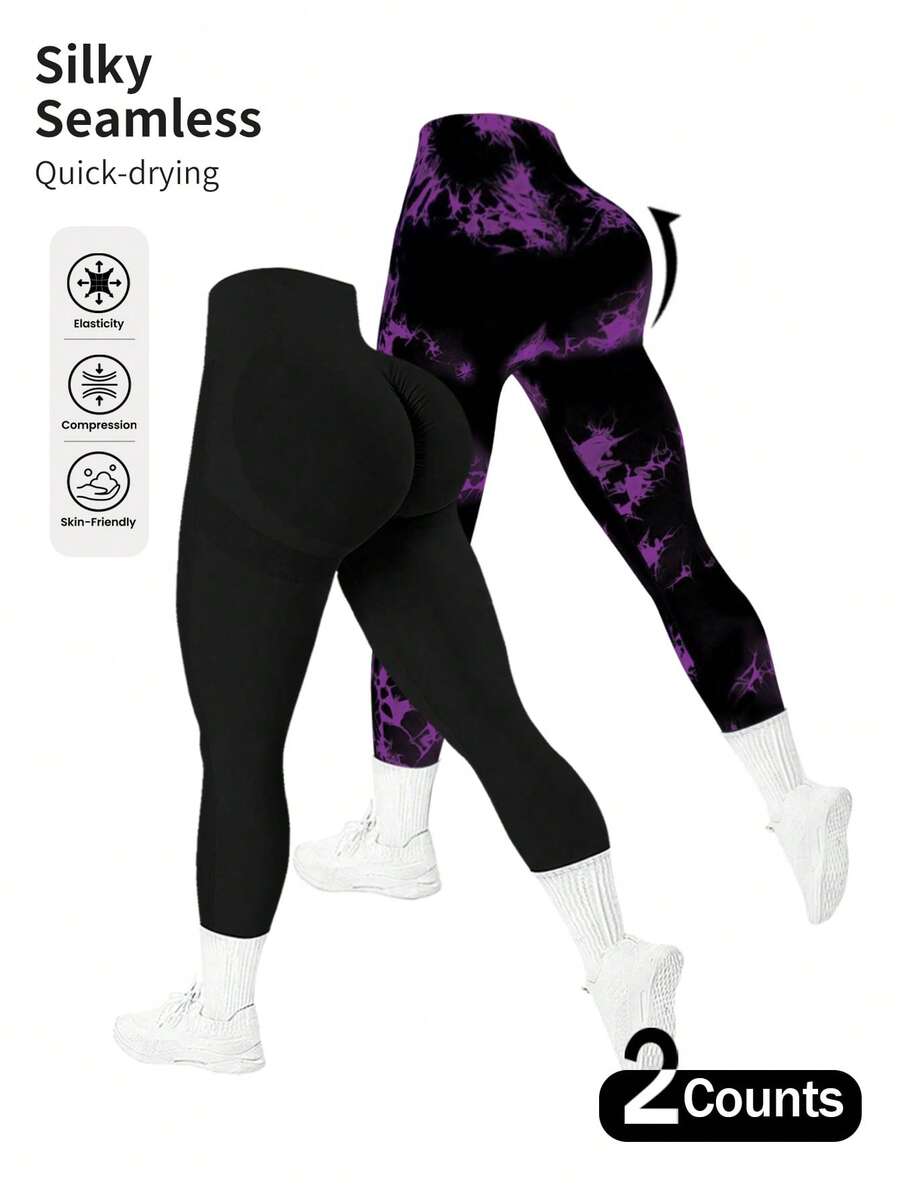 2pcs Seamless High-Elasticity Women's Combination Of Solid-Color Yoga Leggings And Tie-Dyed Yoga Leggings,Women Tuck In The Abdomen Sports Leggings,Lift The Buttocks And Slim The Legs Leggings For Women - Cà vạt đen + tím - Xem 1