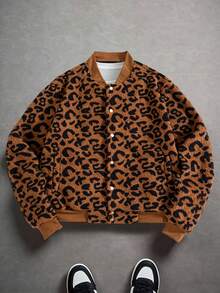 男士棕色和黑色豹纹罗纹袖口和下摆双口袋纽扣设计夹克，毛绒面料厚实保暖柔软舒适休闲装，秋冬新款长袖羊毛外套 - 銅色 - 查看 4