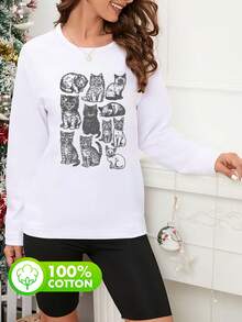 Women's White Autumn Retro Tattoo Cat Round Neck Simple Casual Daily Top, Eleven Cute Kittens Pattern Printed Women's Top, Cute Kitten Pattern Printed Women's Long-Sleeved T-Shirt, Cat Lover Gift Long-Sleeved T-Shirt Top - White - View 6