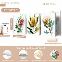 3 pièces/set Impressions d'art de peinture à l'huile de fleurs indigènes australiennes, affiches botaniques, art décoratif, style vintage et campagnard, décoration murale florale de thème printanier, avec affiche peinte de portrait d'intérieur, convient pour la décoration de la maison, de la chambre, du salon, de la salle de bain, décoration murale, avec option de cadre