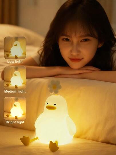 1pc Cute Duck Shape Sensor Night Light, USB Rechargeable LED Silicone Tap Light, 3 Brightness Levels Adjustable Bedroom Charging Lamp
