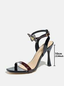Women's High Heel One-Strap Glossy Design Square Toe Round Ring Hollow Butterfly Decor Thin Strap Buckle Shiny Electroplated Black Stiletto High Heel Party Night Club Outdoor Fashion Exhibition VIP Banquet High-End High-Quality Mirror Material Elegant Luxurious Dignified Black High Heel Sandals, Suitable For Autumn Women's Outfits