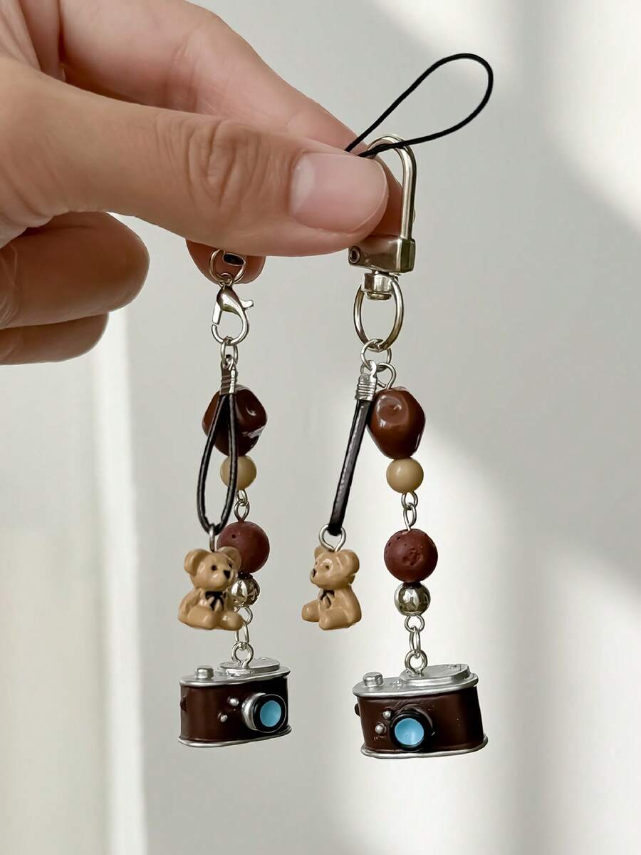 1pc Retro Camera Beaded Phone Lanyard, Creative Keychain Pendant Accessory - Multicolor - View 1
