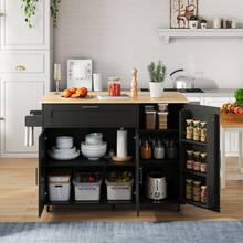 132.5*L44(70)*H90cm Mobile Kitchen Table, Folding Countertop, Oak Grain, Multifunctional Cabinet, Spice Rack, Towel Rack, 5 Rolls, Suitable For Kitchen/Dining Room/Home - Black+Natural + MDF + European - View 8