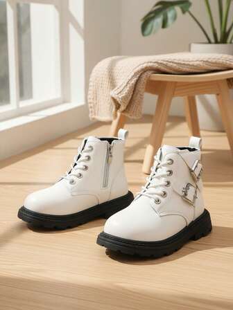 1 Pair Kids Western Style Metal Buckle Decor Children Boots Boots, Black & White Color Block Patchwork Side Zipper Design, Knight Style For Boys & Girls, Quality Soft PU Upper, Thick Soft Sole, Suitable For 3-15 Years Old Students Daily, Outing, Party, Holiday, Autumn/Winter New