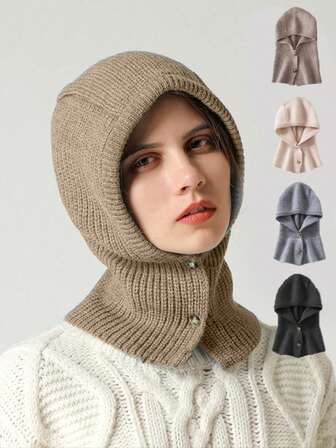 1pc Women's Autumn/Winter Wool Blend Solid Color Knitted Hat With Adjustable Button, Balaclava Neck Warmer 2-In-1 Wool Warm Beanie