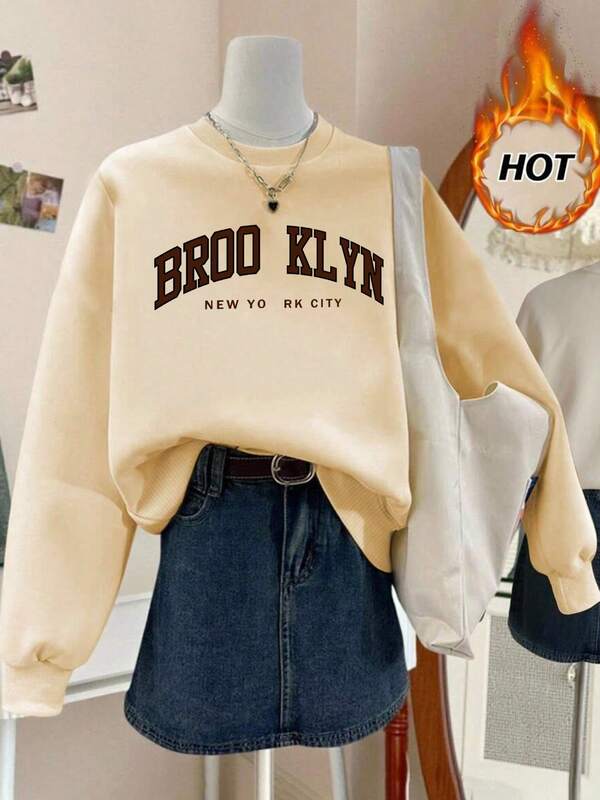 Women's Thermal Lined Pullover Sweatshirt, Casual, Stylish, Suitable For School, Commute, Sports, Outdoor, Vacation, Warm And Comfortable, Brown Letter Print