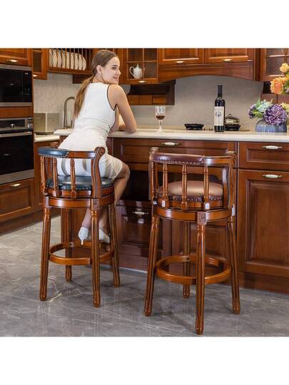 Cowhide Top Wooden Bar Stool, 360 Degree Swivel Height Stoel Home Kitchen Counter, Morden Stool view 4